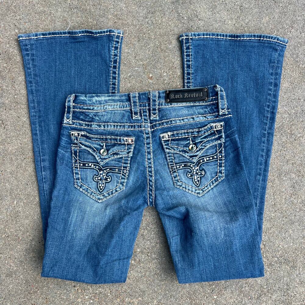 Y2K Rock Revival Camila Flare Blue Jeans Flap Pocket Bling 27x33 RE8232F5L